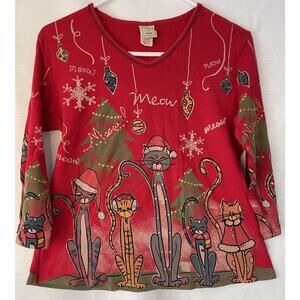 Jess and Jane USA Made Meow Christmas Cats Bling Ornaments M Shirt Red Festive
